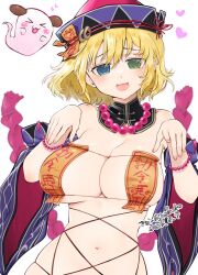 Rule 34 | 1girl, :3, blonde hair, blue eyes, blush, breasts, cleavage, detached sleeves, ghost, green eyes, hat, heterochromia, highres, jiangshi costume, kinako (mzknk0), large breasts, marvelous, medium hair, navel, open mouth, ryouna (senran kagura), senran kagura, simple background, skindentation, white background