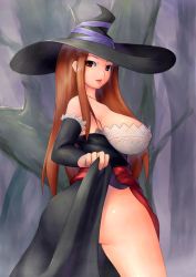 Rule 34 | 1girl, ass, bare shoulders, breasts, brown eyes, brown hair, cleavage, clothes lift, curvy, detached sleeves, dragon&#039;s crown, dress, female focus, forest, hat, huge breasts, kanatsuki tatsuya, long hair, long skirt, nature, no panties, outdoors, plant, skirt, skirt lift, solo, sorceress (dragon&#039;s crown), standing, strapless, strapless dress, vanillaware, witch, witch hat