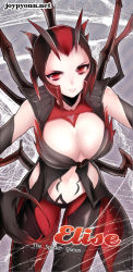 Rule 34 | 1girl, breasts, character name, cleavage, elise (league of legends), fingernails, arthropod girl, joypyonn, large breasts, league of legends, long fingernails, looking at viewer, midriff, monster girl, navel, red eyes, red hair, short hair, smile, solo, spider girl
