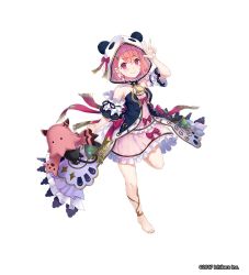 Rule 34 | 1girl, animal hood, commentary request, earrings, fang, full body, hair between eyes, hood, jewelry, leg up, looking at viewer, nijisanji, official art, pink eyes, pink hair, pointy ears, sasaki saku, sasaki saku (valkyrie hero), simple background, smile, solo, standing, standing on one leg, valkyrie connect, virtual youtuber, waving, white background