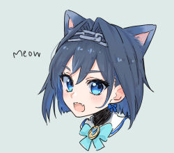Rule 34 | 1girl, animal ears, blue eyes, blue hair, bow, bow earrings, cat ears, chain, earrings, extra ears, hair intakes, hololive, hololive english, jewelry, kisuu (oddnumberr ), ouro kronii, short hair, solo, virtual youtuber