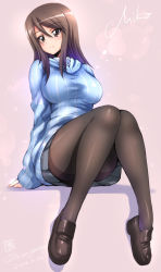 Rule 34 | 1girl, black pantyhose, blush, breasts, brown eyes, brown hair, character name, dated, girls und panzer, hair between eyes, highres, invisible chair, kamogawa tanuki, large breasts, long hair, mika (girls und panzer), pantyhose, purple background, signature, sitting, smile, solo, vertical-striped sweater