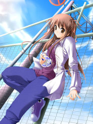 Rule 34 | 1girl, aoi mikan, brown eyes, brown hair, chain-link fence, coat, denim, fence, jeans, long hair, original, pants, power lines, ribbon, solo