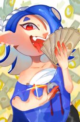 Rule 34 | 1girl, bandages around chest, bare shoulders, ear piercing, highres, licking, money, nintendo, one eye covered, piercing, red eyes, see-through, shiver (splatoon), splatoon (series), splatoon 3, takiitoon, tentacle hair, tongue