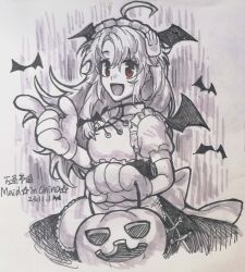 Rule 34 | 1girl, ahoge, apron, bag, bara to tsubaki, bat (animal), bat wings, character request, chinese commentary, chinese text, commentary request, dated, english text, gloves, halloween bucket, hand hair ornament, head wings, highres, holding, holding bag, maid, marker (medium), open mouth, puffy short sleeves, puffy sleeves, short sleeves, skirt, smile, solo, spot color, traditional media, translation request, waist apron, wings, xianyujunzhimiyingla