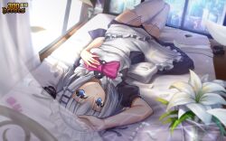 Rule 34 | 1girl, 300 heroes, bed, blue eyes, bow, bowtie, breasts, building, curtains, date a live, flower, garter straps, hair ornament, hairclip, indoors, light, lily (flower), looking at viewer, lying, maid, maid headdress, official art, pink bow, pink bowtie, puffy short sleeves, puffy sleeves, shoes, short hair, short sleeves, solo, thighhighs, tobiichi origami, white hair, white thighhighs