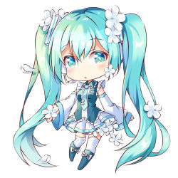 Rule 34 | 1girl, :o, aqua hair, blush, boots, chibi, commentary request, detached sleeves, flower, full body, green eyes, green footwear, green shirt, hair between eyes, hair flower, hair ornament, hatsune miku, head tilt, headset, knee boots, long hair, long sleeves, looking at viewer, parted lips, pleated skirt, shiro kuma shake, shirt, simple background, skirt, sleeveless, sleeveless shirt, solo, thighhighs, thighhighs under boots, twintails, very long hair, vocaloid, white background, white flower, white skirt, white sleeves, white thighhighs