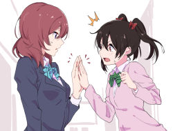 Rule 34 | 10s, 2girls, alternate hairstyle, black socks, blazer, bow, bowtie, breasts, brown hair, cardigan, fetal position, hair bow, hand on another&#039;s knee, jacket, kneehighs, lap pillow, loafers, long hair, long sleeves, loose clothes, love live!, love live! school idol project, miniskirt, multiple girls, necktie, nishikino maki, one side up, plaid, plaid skirt, red bow, red eyes, red hair, school uniform, sen&#039;yuu yuuji, shirt, shoes, short hair, single shoe, sitting, skirt, small breasts, socks, striped neckwear, swept bangs, unworn bowtie, unworn jacket, unworn necktie, unworn shoes, unworn skirt, white shirt, yazawa nico, yuri