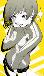Rule 34 | 1girl, absurdres, badge, blush, breasts, button badge, commentary, eyelashes, feet out of frame, greyscale with colored background, hand on own face, highres, jacket, long sleeves, lower teeth only, medium breasts, nishizora aki, open mouth, persona, persona 4, pleated skirt, satonaka chie, school uniform, shadow, short hair, skirt, sleeves past wrists, solo, swept bangs, teeth, thighs, track jacket, yasogami school uniform, yellow background