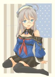 Rule 34 | 1girl, absurdres, ahoge, american flag background, black sailor collar, black skirt, black thighhighs, blue eyes, blue shirt, breasts, commentary request, dixie cup hat, glasses, grey hair, hat, headgear, heywood l. edwards (kancolle), heywood l. edwards kai (kancolle), highres, kantai collection, medium breasts, military hat, neckerchief, off-shoulder shirt, off shoulder, pleated skirt, pot-de, red neckerchief, sailor collar, school uniform, serafuku, shirt, sitting, skirt, smile, solo, thighhighs, wariza, white hat