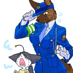 Rule 34 | age difference, animal, armband, beast girl, breasts, cat, character request, child, dog, closed eyes, furry, gloves, hat, kazuhiro, large breasts, lowres, necktie, open mouth, police, police uniform, policewoman, sweat, tail, tears, uniform, what, white gloves, worried, yellow eyes