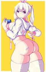 Rule 34 | 1girl, ass, bandaid, bikini, bikini under clothes, breasts, cleavage, cowboy shot, curvy, hair ornament, highres, huge ass, jacket, large breasts, long hair, long sleeves, looking back, mole, mole on ass, mole under eye, piao mao, pink eyes, pixel art, self wedgie, solo, swimsuit, thick thighs, thighhighs, thighs, thong, twintails, wedgie, white hair, wide hips