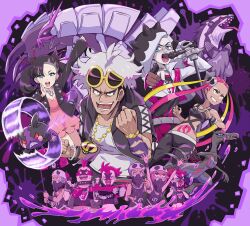 Rule 34 | 5boys, 5girls, absurdres, arm up, bandana, bandana over mouth, banner, black eyeshadow, black hair, black jacket, black pants, bracelet, breasts, chain, choker, clenched hand, creatures (company), crop top, dress, eyeshadow, eyewear on head, facepaint, flag, game freak, gen 7 pokemon, gen 8 pokemon, gold chain, golisopod, green eyes, grin, guzma (pokemon), hair ornament, hat, highres, holding, holding flag, holding microphone, jacket, jewelry, makeup, marnie (pokemon), medium breasts, microphone, microphone stand, morpeko, morpeko (hangry), multicolored hair, multiple boys, multiple girls, navel, nintendo, obstagoon, open mouth, outstretched arm, pants, piers (pokemon), pink background, pink dress, pink hair, pink theme, plumeria (pokemon), pointing, pointing at viewer, pokemoa, pokemon, pokemon (creature), pokemon masters ex, pokemon sm, pokemon swsh, purple background, purple theme, salazzle, shirt, skull hair ornament, small breasts, smile, splatter background, stomach, stomach tattoo, streaked hair, tattoo, team skull, team skull grunt, team yell, team yell grunt, teeth, twintails, v-shaped eyebrows, watch, white hair, white jacket, white shirt, wristwatch
