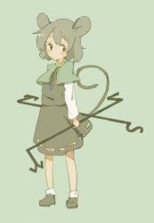 Rule 34 | 1girl, animal ears, capelet, dowsing rod, female focus, green background, grey hair, highres, holding, jewelry, miyachi (qqm32xk9), mouse ears, mouse tail, nazrin, pendant, qqm32xk9, simple background, solo, standing, tail, touhou