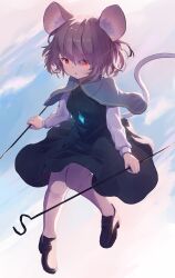 Rule 34 | 1girl, animal ear fluff, animal ears, ar (maeus), black dress, black footwear, blue capelet, blush, capelet, dowsing rod, dress, full body, grey hair, highres, holding, jewelry, long sleeves, mouse ears, mouse tail, nazrin, parted lips, pendant, red eyes, shoes, short hair, solo, tail, touhou