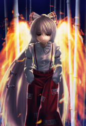 Rule 34 | 1girl, bamboo, bamboo forest, empty eyes, female focus, fiery wings, fire, forest, fujiwara no mokou, glowing, hair ribbon, hands in pockets, highres, long hair, nature, niwatori takeshi, red eyes, ribbon, silver hair, solo, suspenders, touhou, very long hair, walking, wings