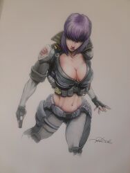 Rule 34 | 1girl, belt, breasts, cleavage, collar, dillarddraws, fingerless gloves, ghost in the shell, ghost in the shell stand alone complex, gloves, gun, handgun, highres, holding, holding gun, holding weapon, kusanagi motoko, large breasts, navel, purple hair, short hair, signature, solo, thighs, weapon, white background