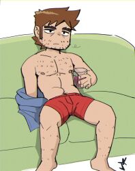 Rule 34 | 1boy, bara, beard stubble, brown hair, couch, cup, facial hair, forked eyebrows, holding, holding cup, jitome, long sideburns, looking ahead, male focus, on couch, purah pad (artist), scott pilgrim (series), scott pilgrim takes off, shirt partially removed, short hair, sideburns, sitting, solo, sparse chest hair, sparse leg hair, sparse navel hair, stephen stills, stubble, thick eyebrows