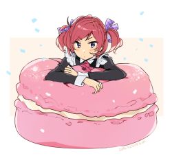 Rule 34 | 10s, 1girl, 2016, ahoge, alternate hairstyle, artist name, ascot, bow, confetti, dated, food, furrowed brow, hair bow, karuha, long sleeves, looking at viewer, love live!, love live! school idol project, macaron, maid, nishikino maki, purple bow, red hair, solo, twintails