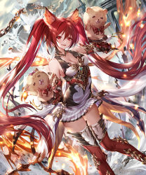 Rule 34 | 1girl, 77gl, animal ears, bare shoulders, boots, breasts, broken, broken chain, cape, cerberus (shingeki no bahamut), chain, cleavage, company name, dog ears, dress, explosion, fang, feet out of frame, fire, hand puppet, hands up, long hair, looking at viewer, medium breasts, official art, open mouth, puppet, red eyes, red hair, shadowverse, short dress, sleeveless, sleeveless dress, solo, steeple, thigh boots, thighhighs, twintails, very long hair, white thighhighs