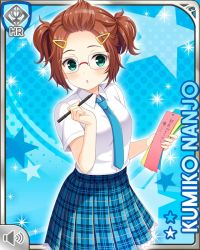 Rule 34 | 1girl, :o, blue background, blue necktie, bookmark, brown hair, card, character name, girlfriend (kari), glasses, green eyes, hair ornament, hairclip, holding, japanese text, looking at viewer, nanjo kumiko, necktie, official art, open mouth, pen, plaid, plaid skirt, qp:flapper, school uniform, skirt, solo, tagme, twintails