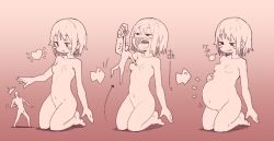 Rule 34 | 1boy, 1girl, :p, akairo (akairokk), belly, blush stickers, faceless, faceless male, giant, giantess, heart, held up, highres, kneeling, monochrome, navel, nipples, nude, open mouth, original, pink theme, sequential, short hair, size difference, tongue, tongue out, vore