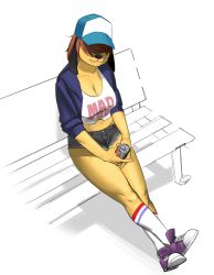Rule 34 | 1girl, animal ears, bare legs, bench, borrowed character, breasts, brown hair, can, cleavage, colored skin, cropped jacket, crossed ankles, cutoffs, dog ears, drink can, full body, furry, furry female, hair over eyes, kneehighs, large breasts, looking at viewer, midriff, original, pomki, sam (colo), shoes, short hair, short shorts, shorts, sitting, sneakers, snout, socks, soda can, solo, yellow skin