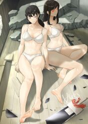 Rule 34 | 2girls, absurdres, bare arms, bare legs, bare shoulders, barefoot, black hair, bra, breasts, chainsaw man, character request, cross scar, feet, foot focus, highres, large breasts, long hair, mbr90munouk, medium breasts, mitaka asa, multiple girls, navel, panties, red eyes, scar, scar on face, scar on nose, smile, soles, toes, underwear, underwear only, white bra, white panties