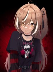 Rule 34 | 1girl, ahoge, belt, black belt, black choker, black hair, black ribbon, black shirt, black sweater, brown eyes, brown hair, chain, choker, emo fashion, hair over one eye, hair ribbon, heart, heart choker, highres, hololive, hololive english, jewelry, lace-trimmed choker, lace trim, long hair, long sleeves, looking at viewer, multicolored hair, nanashi mumei, nanashi mumei&#039;s horror painting, nanashi mumei (emo), necklace, official alternate costume, official alternate hairstyle, one side up, red sweater, ribbon, sairen, shirt, short sleeves, smile, solo, streaked hair, striped clothes, striped sweater, sweater, sweater under shirt, two-tone sweater, virtual youtuber, white hair