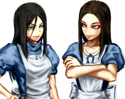 Rule 34 | 2girls, alice: madness returns, alice (alice in wonderland), alice in wonderland, alice liddell (american mcgee&#039;s alice), american mcgee&#039;s alice, american mcgee's alice, apron, aqua eyes, black hair, ceramic man, dual persona, green eyes, jewelry, multiple girls, necklace, simple background, tagme, white background