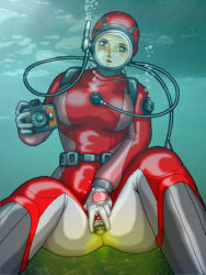 Rule 34 | 1girl, blush, bodysuit, breasts, bubble, camera, diving, diving mask, diving suit, gloves, goggles, open mouth, original, peeing, peeing underwater, scuba, solo, spread legs, swimming, underwater, uzushio (uzusio), water, wet, wetsuit