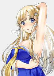 Rule 34 | 1girl, armpits, blonde hair, blue eyes, blue shirt, breasts, commentary request, double bun, fletcher (kancolle), fletcher mk ii (kancolle), grey background, hair bun, hair ornament, kantai collection, large breasts, long hair, looking at viewer, mayura (lucadia), neckerchief, off shoulder, one-hour drawing challenge, sailor collar, school uniform, serafuku, shirt, simple background, solo, star (symbol), star hair ornament, steaming body, upper body, white sailor collar, yellow neckerchief