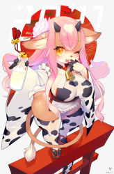 Rule 34 | 1girl, animal print, arm up, bell, bottle, breasts, brown eyes, commentary request, cow girl, cow print, cow print sleeves, cow tail, detached sleeves, flower, full body, furry, furry female, hair flower, hair ornament, hand to own mouth, highres, hooves, jingle bell, kishibe, large breasts, long hair, milk bottle, new year, one eye closed, open mouth, original, pink hair, sandals, shortstack, smile, solo, tail, tail around own leg, thick thighs, thighhighs, thighs, torii, very long hair, white sleeves, white thighhighs