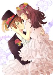 Rule 34 | 1boy, 1girl, ascot, bad id, bad pixiv id, black hat, brown hair, cardia beckford, code:realize, dress, eye contact, formal, frilled dress, frills, gears, glasses, green eyes, hand on another&#039;s face, hat, head wreath, hetero, long hair, looking at another, nashisakura (rio), suit, victor frankenstein (code:realize), white dress