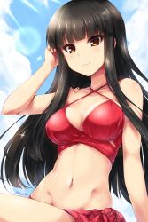 Rule 34 | 1girl, arm at side, arm up, bare arms, bare shoulders, bikini, black hair, blue sky, blunt bangs, breasts, brown eyes, cleavage, closed mouth, cloud, collarbone, commentary request, criss-cross halter, day, eyelashes, halterneck, hand in own hair, highres, idolmaster, kurokawa chiaki, lens flare, light rays, long hair, medium breasts, navel, outdoors, paopao, red bikini, sidelocks, sitting, sky, smile, solo, stomach, straight hair, strap gap, sunbeam, sunlight, swimsuit, tsurime, twitter username