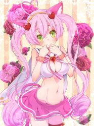 Rule 34 | 10s, animal ears, blush, breasts, cat ears, hato haru, looking at viewer, midriff, navel, pink hair, rosia (show by rock!!), show by rock!!, solo
