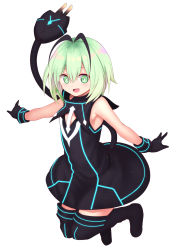 Rule 34 | 1girl, :d, armpits, bare arms, bare shoulders, black capelet, black dress, black footwear, black gloves, boots, capelet, dress, electric plug, full body, gloves, green eyes, green hair, hair between eyes, highres, looking at viewer, mahcdai, open mouth, original, short hair, simple background, sleeveless, sleeveless dress, smile, solo, symbol-shaped pupils, tail, thigh boots, thighhighs, white background