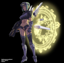 Rule 34 | 1girl, arksign, armor, assault rifle, blue eyes, detached wings, ellison, gauntlets, glowing, glowing eyes, goggles, goggles on head, green hair, gun, highres, kimura shigetaka, magic circle, midriff, navel, open fly, rifle, short hair, short shorts, shorts, solo, suspenders, tattoo, thighhighs, unzipped, weapon, wings