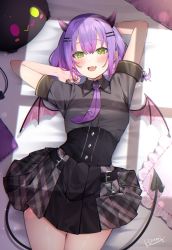 Rule 34 | 1girl, :d, bad id, bad twitter id, bibi (tokoyami towa), black shirt, demon horns, demon tail, demon wings, gradient hair, green eyes, highres, hololive, horns, izumi kei, lying, multicolored hair, necktie, on back, on bed, open mouth, pillow, pink hair, pleated skirt, purple hair, purple necktie, shirt, signature, skirt, smile, solo, tail, tokoyami towa, virtual youtuber, wings