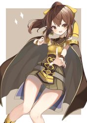 Rule 34 | 1girl, armor, bare legs, breastplate, brown eyes, brown hair, cape, delthea (fire emblem), dress, fire emblem, fire emblem echoes: shadows of valentia, hako momiji, highres, nintendo, open mouth, ponytail, short dress, simple background, solo, thighs