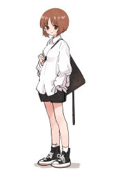 Rule 34 | 1girl, absurdres, alternate costume, bag, between breasts, black footwear, black shorts, breasts, brown eyes, brown hair, collared shirt, commentary request, girls und panzer, highres, hood, hoodie, long sleeves, looking at viewer, nishizumi miho, oshiri seijin, shirt, shoes, short hair, shorts, simple background, smile, sneakers, strap between breasts, white background, white hoodie