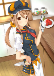 Rule 34 | 1girl, apple, apron, book, breasts, brown eyes, brown hair, chef, counter, cutting board, flat cap, food, from above, from side, fruit, hair ornament, hand on own hip, hat, holding, holding book, holding knife, indoors, jar, kitchen, knife, long hair, looking at viewer, looking to the side, matching hair/eyes, medium breasts, neckerchief, ok-ray, original, plate, ponytail, short sleeves, sidelocks, skirt, smile, solo, swept bangs, waist apron, window, wooden floor
