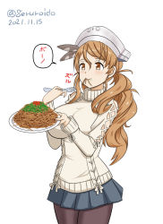 Rule 34 | 1girl, beige sweater, black pantyhose, brown eyes, brown hair, eating, food, fork, geru, grey skirt, headdress, kantai collection, littorio (kancolle), long hair, official alternate costume, one-hour drawing challenge, pantyhose, pasta, pleated skirt, ponytail, simple background, skirt, solo, spaghetti, wavy hair, white background