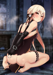 Rule 34 | 1girl, absurdres, armbinder, ass, backless dress, backless outfit, barefoot, bdsm, black dress, blonde hair, blush, bondage, bound, commission, dress, eyebrows, from behind, frown, full body, garter belt, garter straps, girls&#039; frontline, hair ribbon, highres, kneeling, long hair, looking at viewer, looking back, monoglove, murabito c, no panties, official alternate costume, orange eyes, ots-14 (girls&#039; frontline), ots-14 (sangria succulent) (girls&#039; frontline), pixiv commission, ribbon, solo, thighs, torn clothes, torn dress