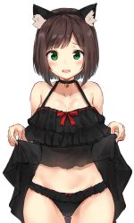 Rule 34 | 1girl, animal ears, bare shoulders, bell, black dress, black panties, blunt bangs, blush, bob cut, bow, bow panties, breasts, brown hair, cat ears, choker, cleavage, clothes lift, collarbone, dress, dress bow, dress lift, embarrassed, fang, fang out, frilled dress, frills, green eyes, groin, halterneck, headband, highres, lifted by self, looking at viewer, maekawa miku, medium breasts, minikon, neck bell, panties, parted bangs, short hair, simple background, solo, underwear, wavy mouth, white background