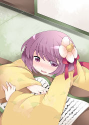 Rule 34 | 1girl, blush, commentary request, covering privates, embarrassed, floral print, flower, hair flower, hair ornament, hammer (sunset beach), hieda no akyuu, japanese clothes, kimono, long sleeves, open mouth, purple eyes, purple hair, scroll, short hair, solo, table, tatami, touhou, wide sleeves