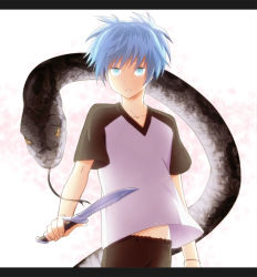 Rule 34 | 1boy, aihara kaya, ansatsu kyoushitsu, bad id, bad pixiv id, blue eyes, blue hair, collarbone, jersey, knife, letterboxed, looking at viewer, male focus, open mouth, shiota nagisa, shirt, short hair, short twintails, simple background, snake, solo, sportswear, tongue, trap, twintails, weapon, white background