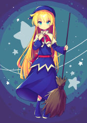 Rule 34 | 1girl, absurdres, blonde hair, blue eyes, blue footwear, blush, boots, broom, closed mouth, expressionless, full body, highres, holding, holding broom, long hair, looking at viewer, offbeat, puyopuyo, solo, very long hair, witch (puyopuyo)