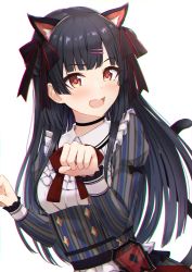 Rule 34 | 1girl, absurdres, animal ear fluff, animal ears, black bow, black hair, blunt bangs, blush, bow, breasts, cat ears, cat girl, cat tail, chromatic aberration, collared shirt, commentary request, dress, dutch angle, hair bow, hair ornament, hairclip, hands up, highres, hime cut, huge filesize, idolmaster, idolmaster shiny colors, juliet sleeves, kemonomimi mode, long hair, long sleeves, looking at viewer, mayuzumi fuyuko, miyar2d2, open mouth, paw pose, puffy sleeves, red bow, red eyes, shirt, simple background, small breasts, solo, striped bow, striped clothes, striped dress, tail, upper body, vertical-striped clothes, vertical-striped dress, very long hair, white background, white shirt