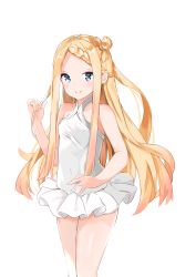 Rule 34 | 1girl, abigail williams (fate), absurdres, bare arms, bare shoulders, blonde hair, braid, closed mouth, collarbone, commentary request, covered navel, fate/grand order, fate (series), frilled leotard, frills, highres, leotard, long hair, looking at viewer, parted bangs, simple background, smile, solo, standing, very long hair, white background, white leotard, yukaa
